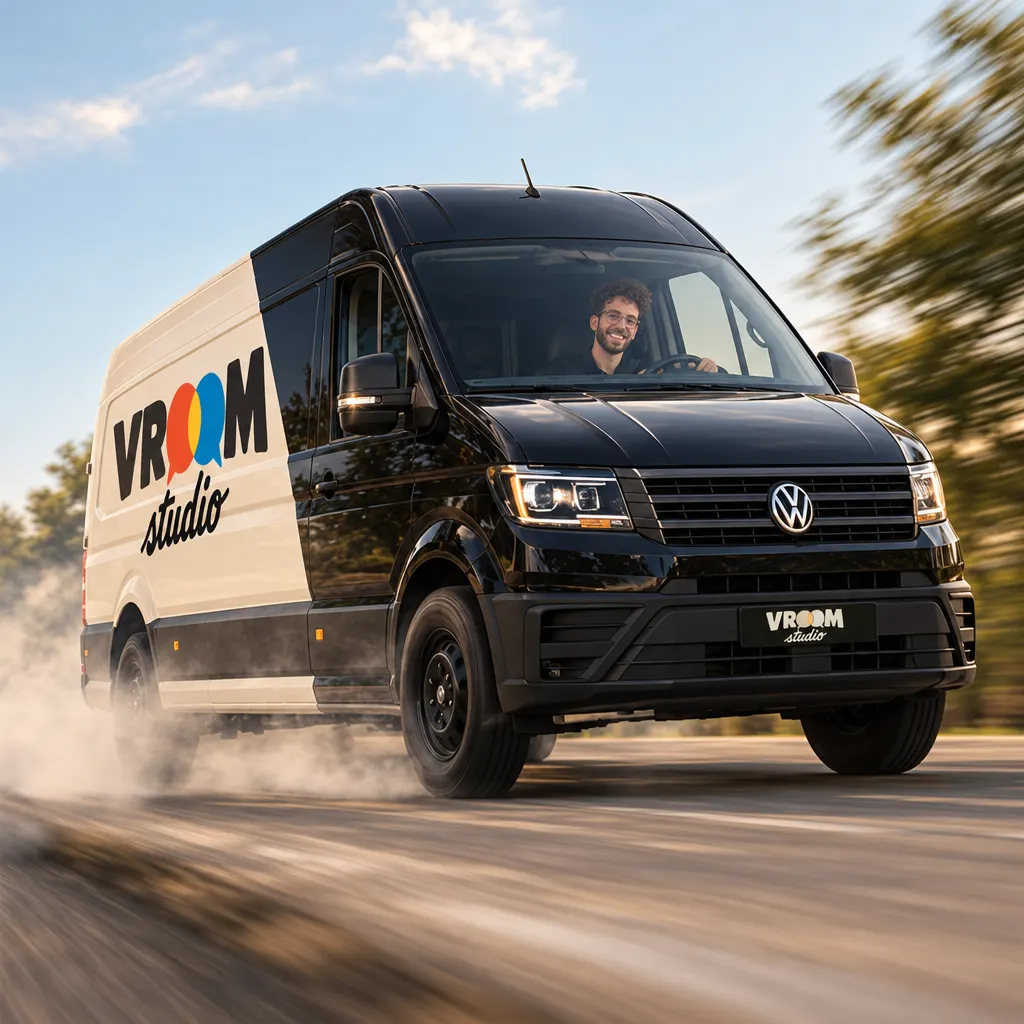 Le camion VROOM studio en route, Cyril au volant