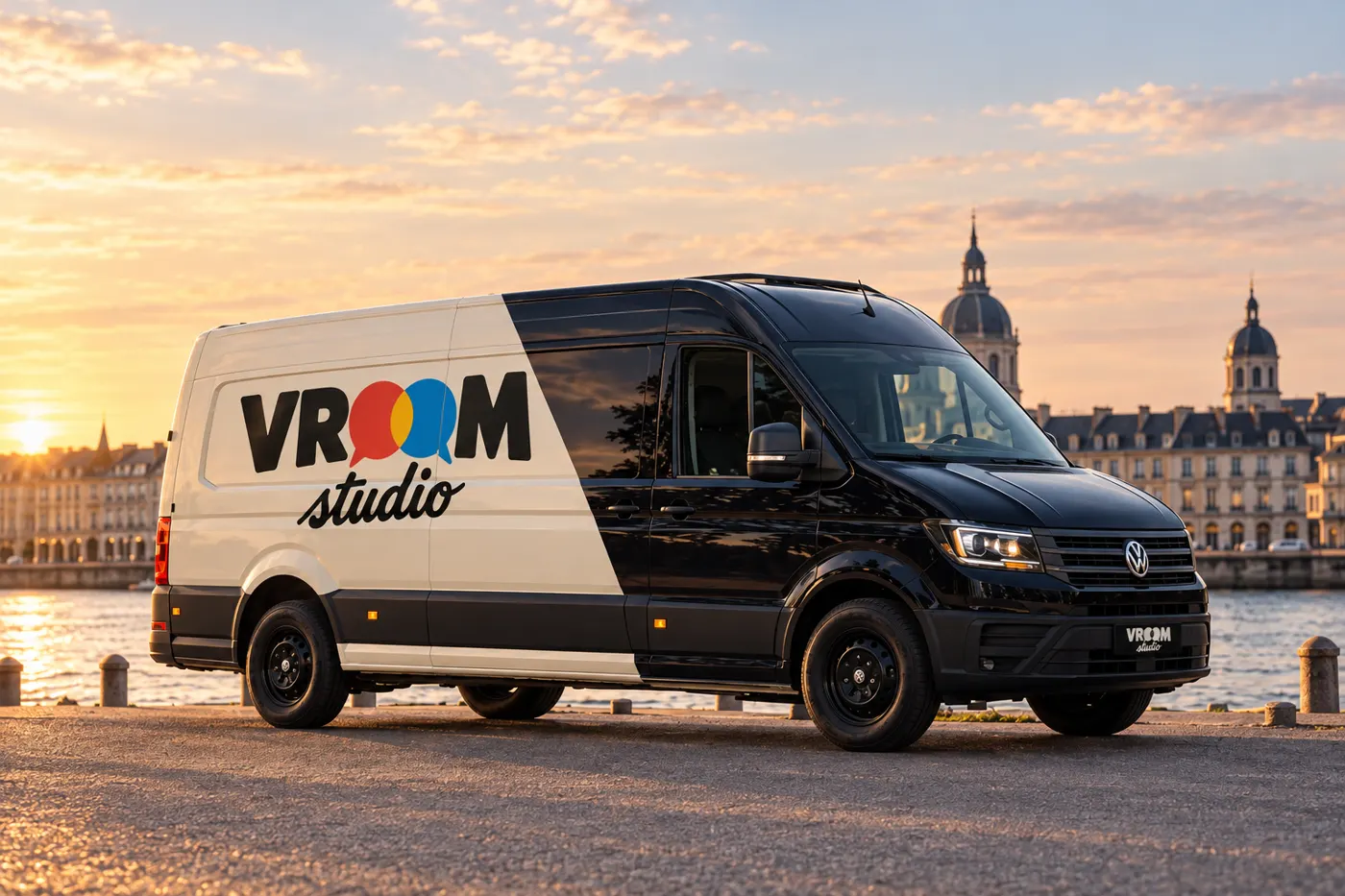 Le camion VROOM studio garé sur un quai au coucher du soleil